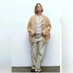 Zara Womens Mid Waist Wrinkle Effect Coated Jeans Wide Leg Size 4